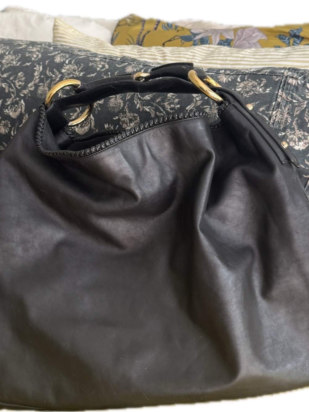 Gucci Black Leather Hobo with Gold Rings